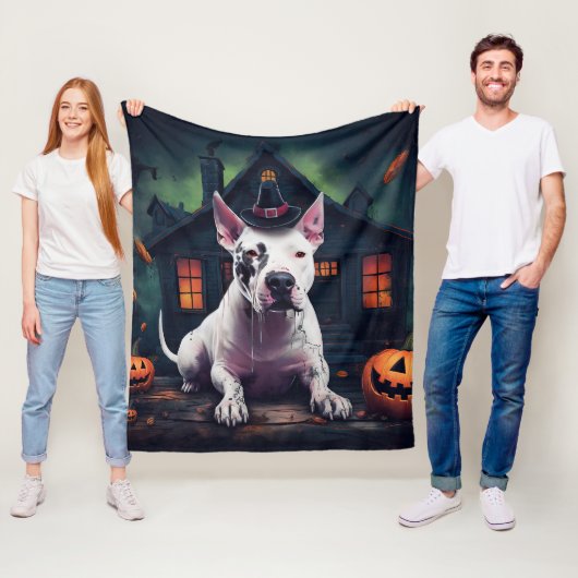 Bull Terrier pompoenen Halloween eng Fleece Deken (In situ)