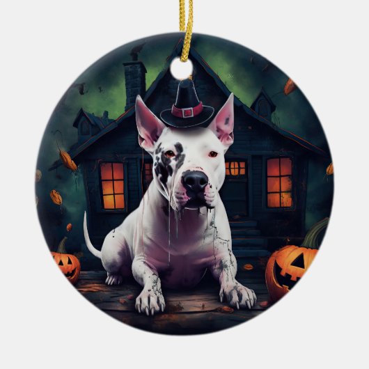 Bull Terrier pompoenen Halloween eng Keramisch Ornament (Voorkant)