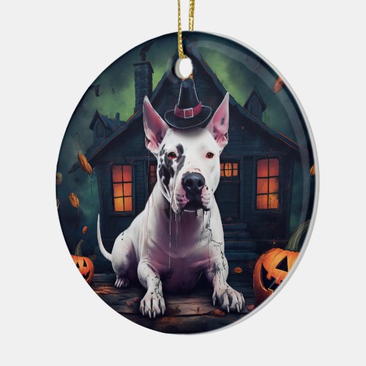 Bull Terrier pompoenen Halloween eng Keramisch Ornament (Links)