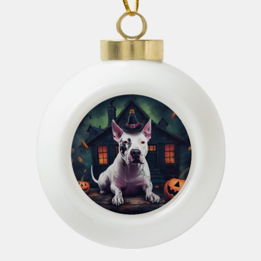 Bull Terrier pompoenen Halloween eng Keramische Bal Ornament (Voorkant)