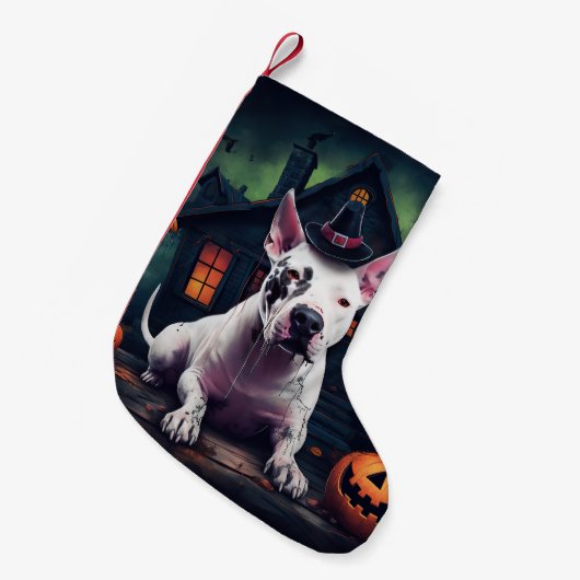 Bull Terrier pompoenen Halloween eng Kleine Kerstsok (Voorkant (Hangend))