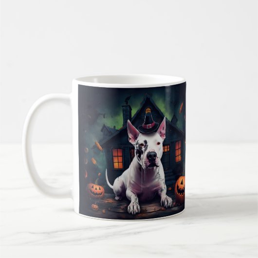 Bull Terrier pompoenen Halloween eng Koffiemok (Links)