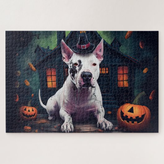 Bull Terrier pompoenen Halloween eng Legpuzzel (Horizontaal)