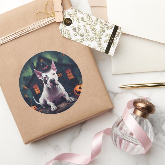 Bull Terrier pompoenen Halloween eng Ronde Sticker (Geschenken)