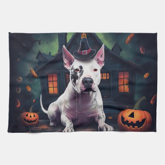 Bull Terrier pompoenen Halloween eng Theedoek (Horizontaal)