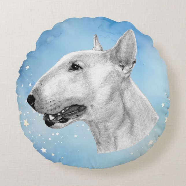 Bull Terrier potloodtekening Rond Kussen (Voorkant)