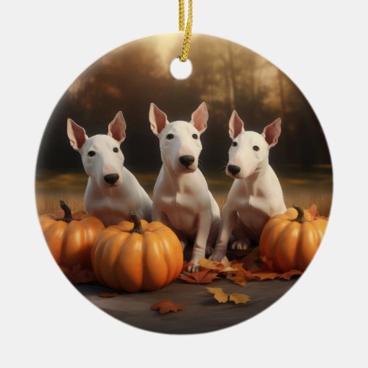 Bull Terrier Puppy Herfst Delight Pompoen Keramisch Ornament (Voorkant)