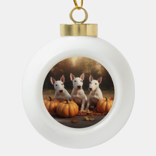 Bull Terrier Puppy Herfst Delight Pompoen Keramische Bal Ornament (Voorkant)