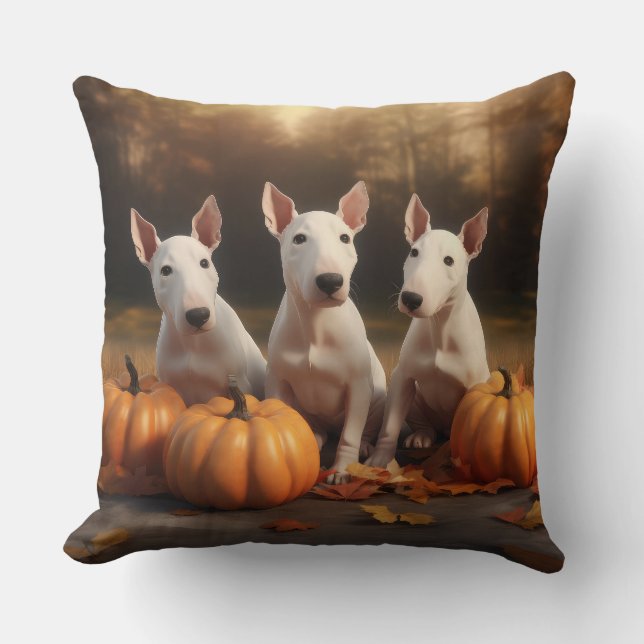 Bull Terrier Puppy Herfst Delight Pompoen Kussen (Voorkant)
