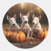Bull Terrier Puppy Herfst Delight Pompoen Ronde Sticker (Voorkant)