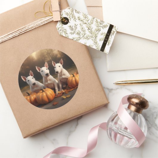 Bull Terrier Puppy Herfst Delight Pompoen Ronde Sticker (Geschenken)