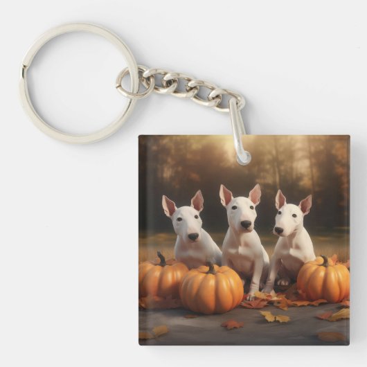 Bull Terrier Puppy Herfstvreugde Pompoen Sleutelhanger (Voorkant)