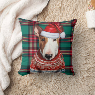 Bull Terrier Red en Green Plaid kerstvakantie Kussen