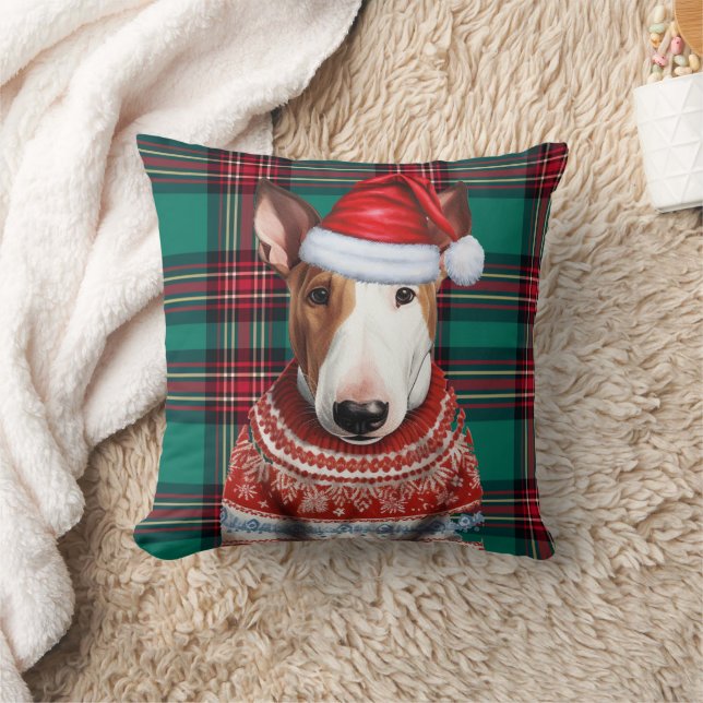 Bull Terrier Red en Green Plaid kerstvakantie Kussen (Deken)