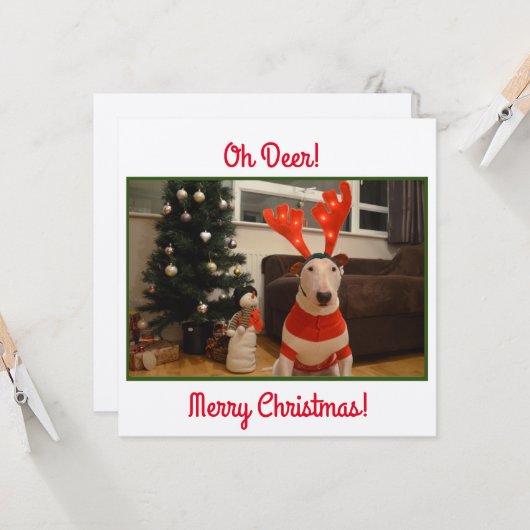 Bull Terrier Reindeer Kerstmis Funny Kaart (Voorkant / Achterkant in situ)