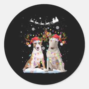Bull Terrier Reindeer Santa Hat Xmas Lights Ronde Sticker