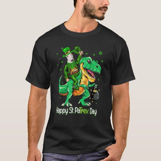 Bull Terrier Riding Dinosaur Patricks Day Shamrock T-shirt (Voorkant)