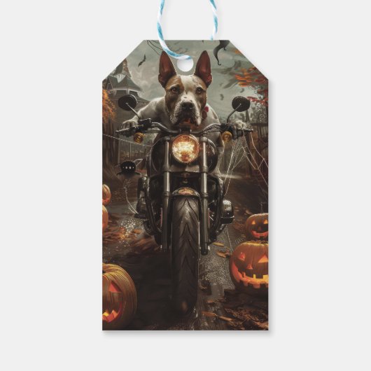 Bull Terrier Rijden Motorfiets Halloween Eng Cadeaulabel (Achterkant)