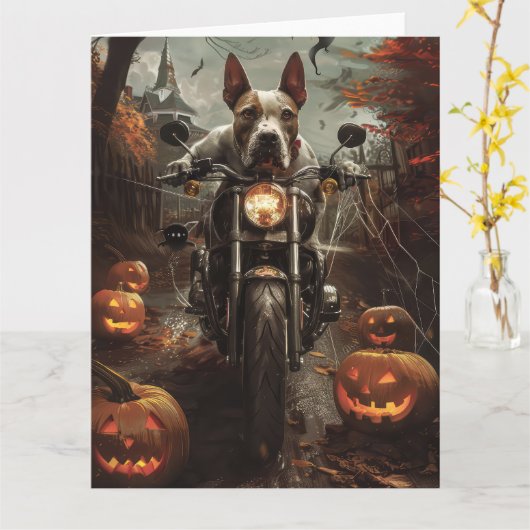 Bull Terrier Rijden Motorfiets Halloween Eng Kaart (Gele Bloem)