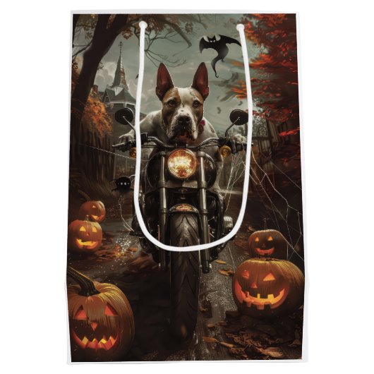Bull Terrier Rijden Motorfiets Halloween Eng Medium Cadeauzakje (Achterkant)
