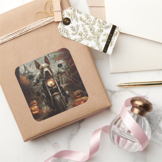 Bull Terrier Rijden Motorfiets Halloween Eng Vierkante Sticker (Geschenken)