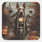 Bull Terrier Rijden Motorfiets Halloween Eng Vierkante Sticker (Voorkant)