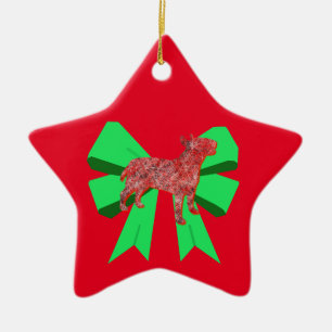 Bull Terrier Silhouette Dog & Green Bow Kerstmis Keramisch Ornament