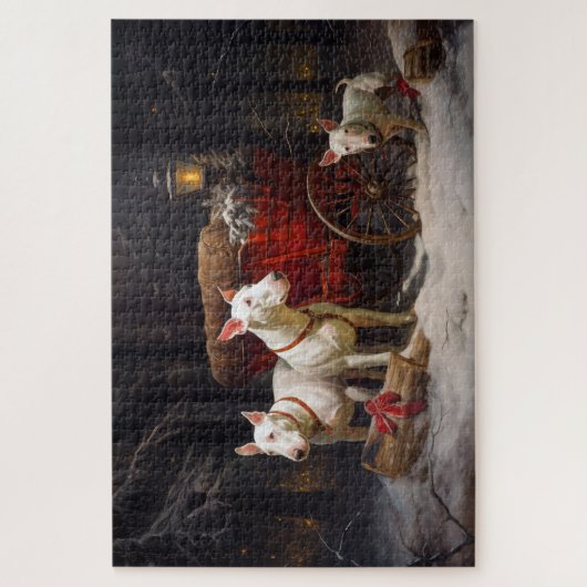 Bull Terrier Sneeuw Slede Kerst Decoratie Legpuzzel (Verticaal)