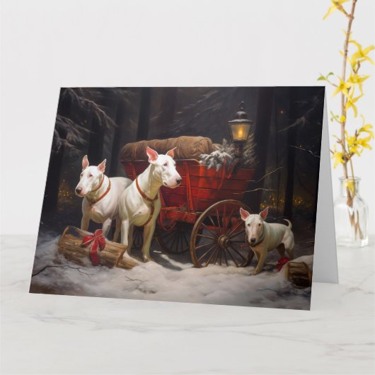 Bull Terrier Snowy Sleigh Kerst Decor Kaart (Gele Bloem)