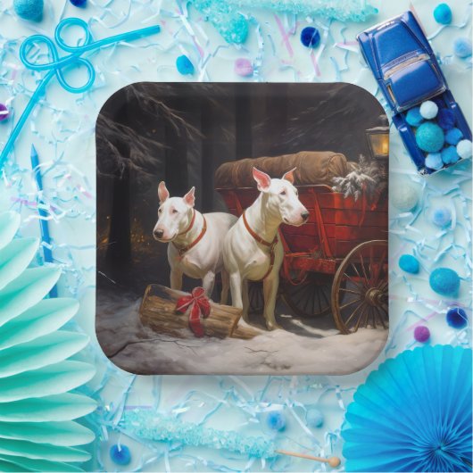 Bull Terrier Snowy Sleigh Kerst Decor Papieren Bordje (Feest)