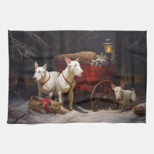 Bull Terrier Snowy Sleigh Kerst Decor Theedoek