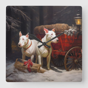 Bull Terrier Snowy Sleigh Kerst Decor Vierkante Klok