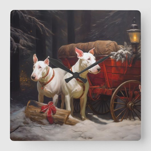Bull Terrier Snowy Sleigh Kerst Decor Vierkante Klok (Voorkant)