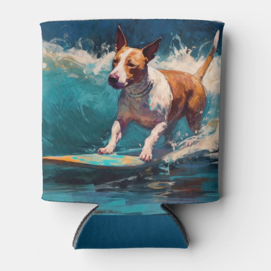 Bull Terrier Strand Surfen Schilderij Blikjeskoeler (Voorkant)