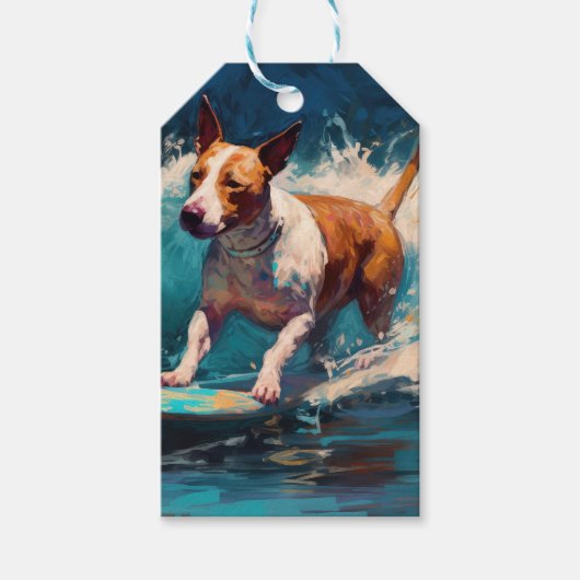 Bull Terrier Strand Surfen Schilderij Cadeaulabel (Voorkant)