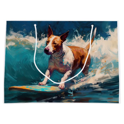 Bull Terrier Strand Surfen Schilderij Groot Cadeauzakje (Voorkant)