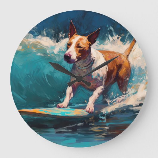 Bull Terrier Strand Surfen Schilderij Grote Klok (Voorkant)