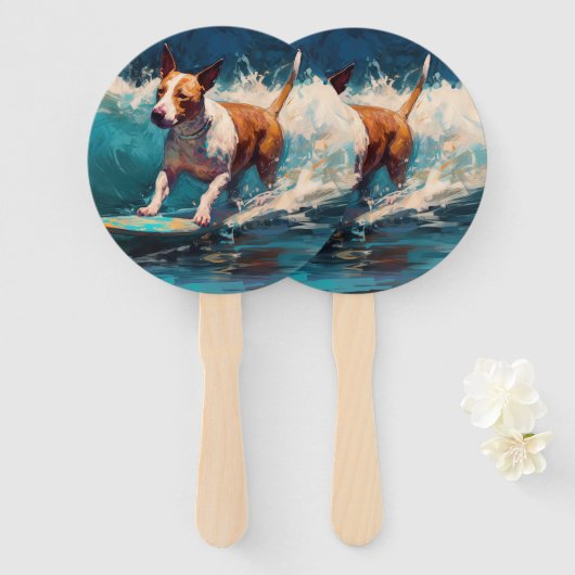 Bull Terrier Strand Surfen Schilderij Handwaaier (Voorkant en achterkant)