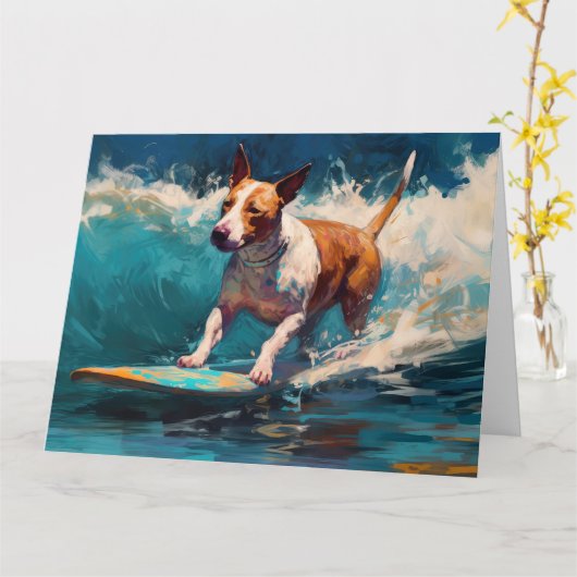 Bull Terrier Strand Surfen Schilderij Kaart (Gele Bloem)