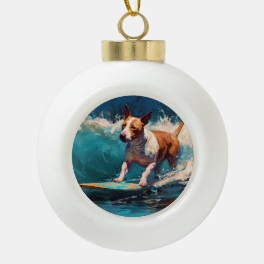 Bull Terrier Strand Surfen Schilderij Keramische Bal Ornament (Voorkant)