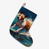 Bull Terrier Strand Surfen Schilderij Kleine Kerstsok (Voorkant (Hangend))