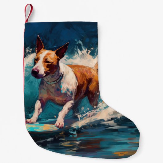Bull Terrier Strand Surfen Schilderij Kleine Kerstsok (Voorkant)