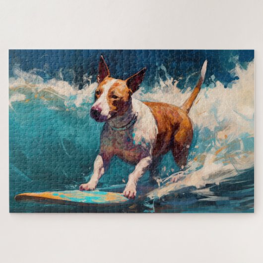 Bull Terrier Strand Surfen Schilderij Legpuzzel (Horizontaal)