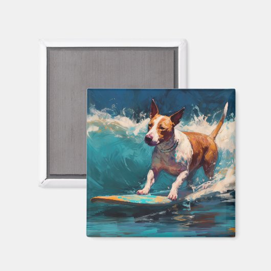 Bull Terrier Strand Surfen Schilderij Magneet (Voorkant / Achterkant)
