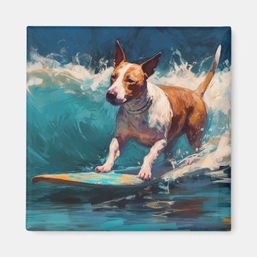 Bull Terrier Strand Surfen Schilderij Magneet (Voorkant)