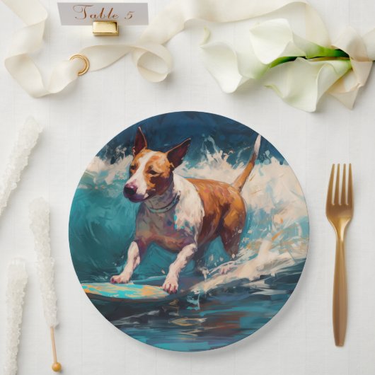 Bull Terrier Strand Surfen Schilderij Papieren Bordje (Huwelijk)