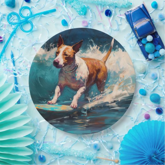 Bull Terrier Strand Surfen Schilderij Papieren Bordje (Feest)