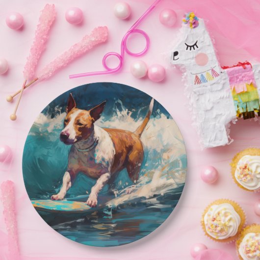Bull Terrier Strand Surfen Schilderij Papieren Bordje (Feest)