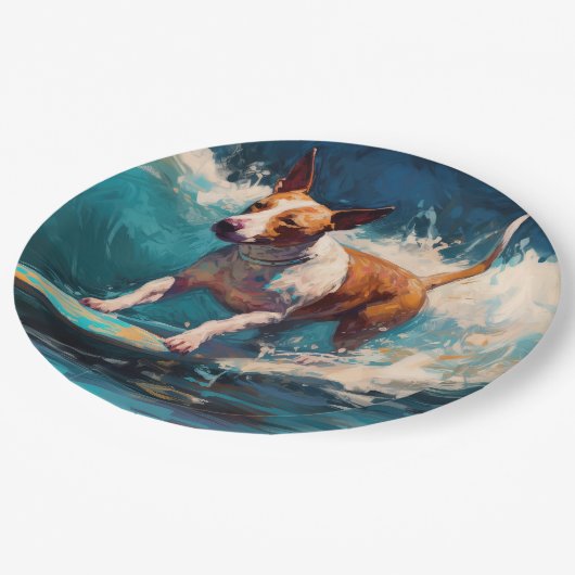 Bull Terrier Strand Surfen Schilderij Papieren Bordje (Gekanteld)