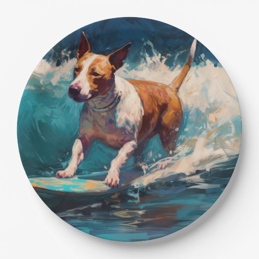 Bull Terrier Strand Surfen Schilderij Papieren Bordje (Voorkant)